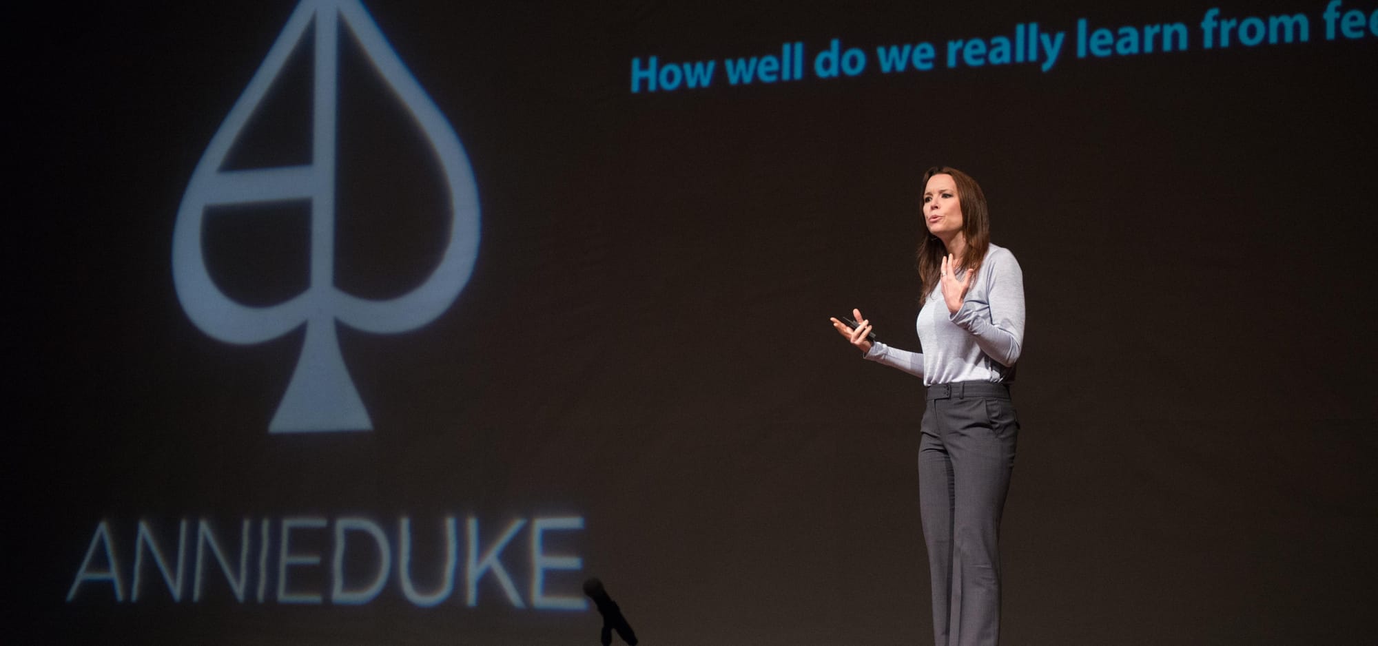 Photo of Annie Duke at a speaking event