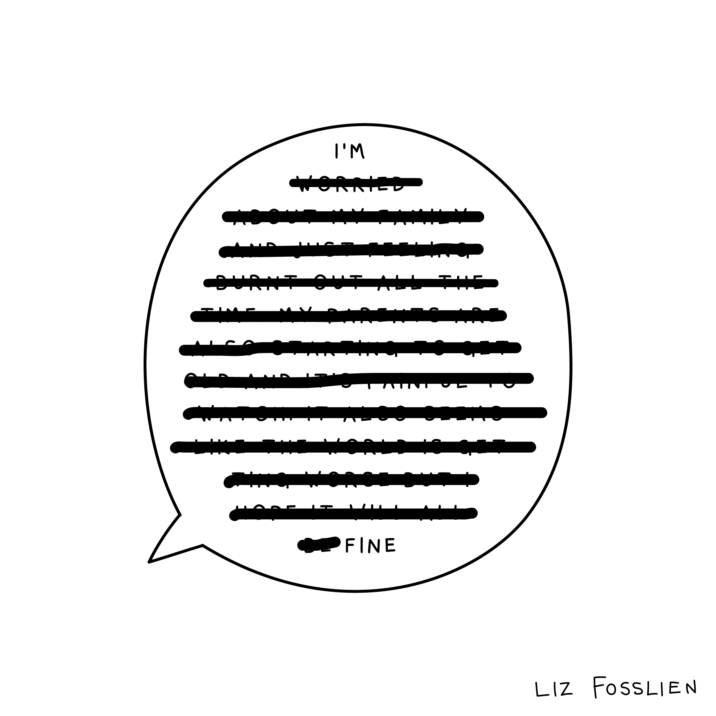 Cartoon of speech bubble with words "I'm fine" with all of the emotions left unsaid crossed out