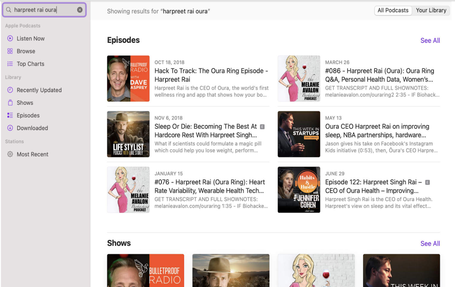 Photo showing podcast search results