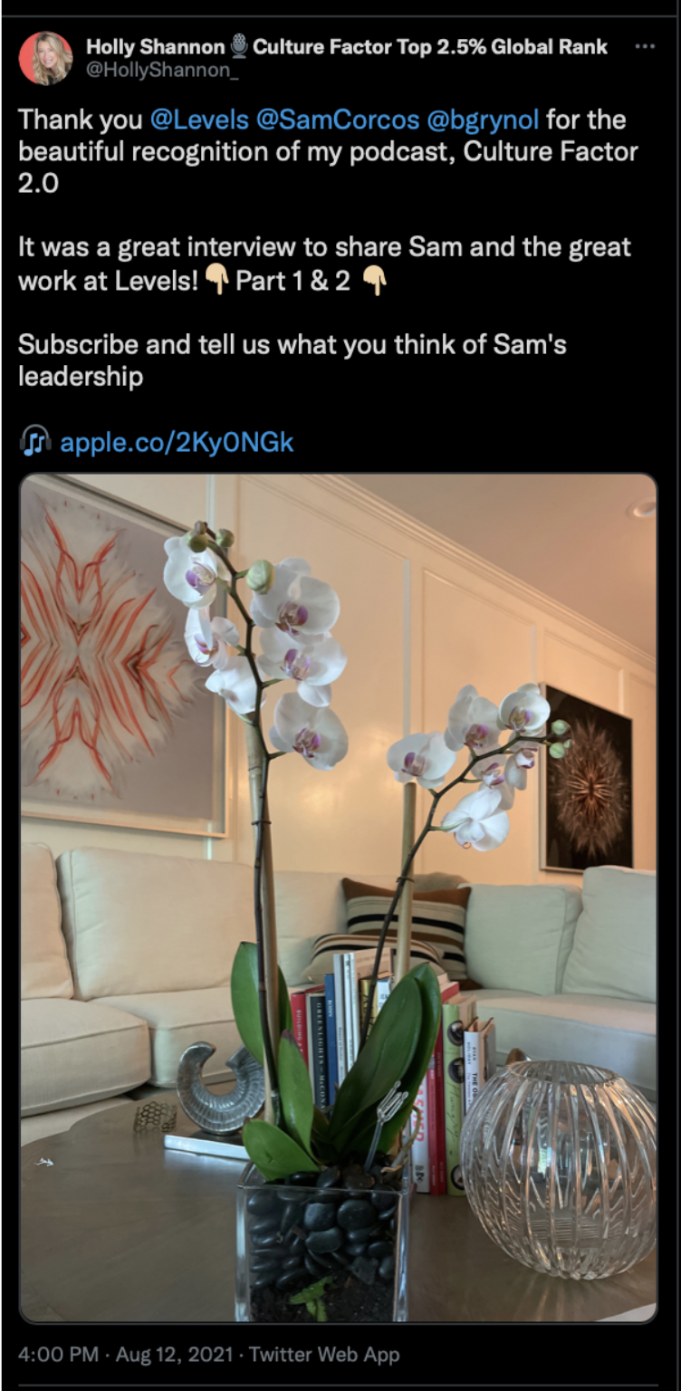 Tweet with photo of flowers sent to a podcast host