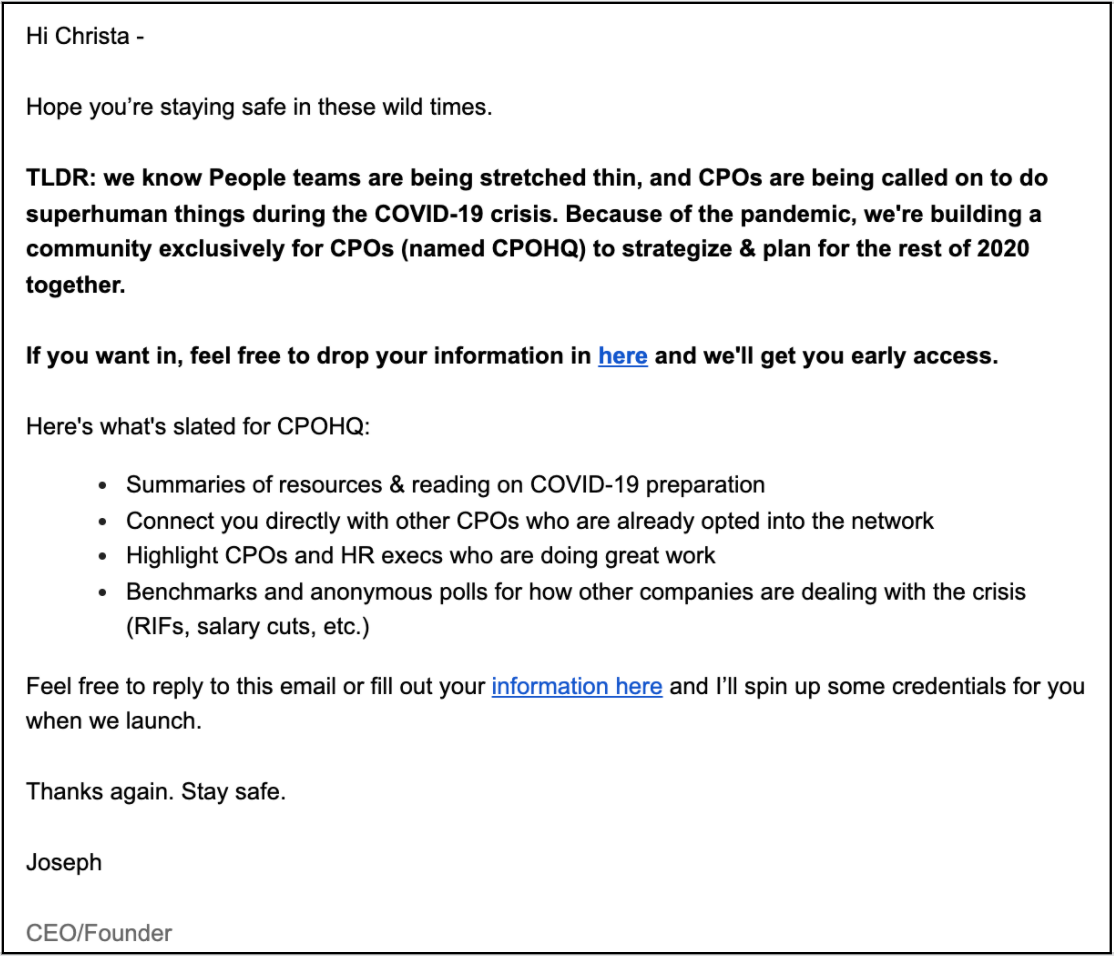 Photo of sample email gauging interest in CPO community