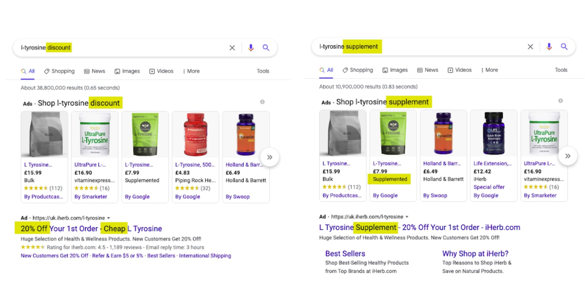 Images of Google search results for a supplement with two different words emphasized, to show how results change.